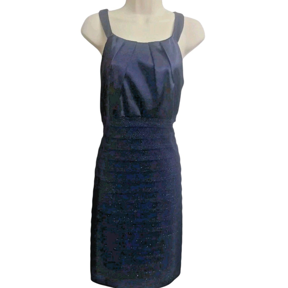 R&M Richards 14P Navy Blue Beaded Sheath Cocktail Party Evening Dress Petite